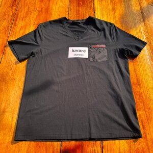 Prada V-Neck T-Shirt Black w/Nylon Patches on Pocket & Shouler LARGE